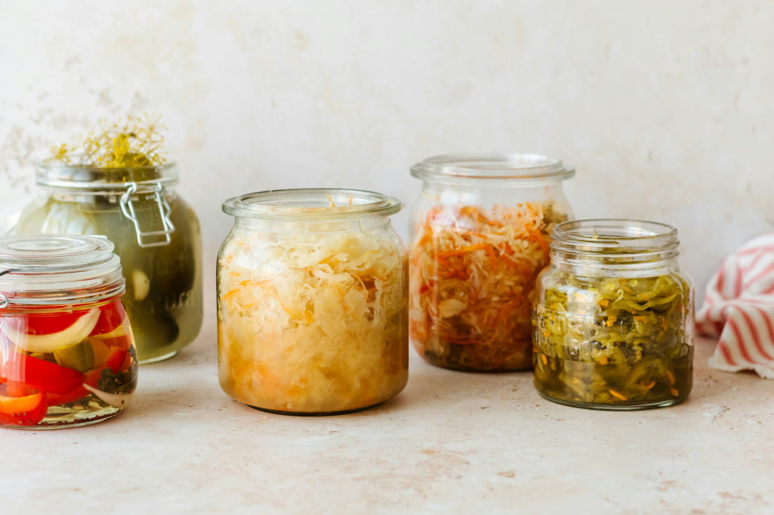 Jars with various fermented vegetables