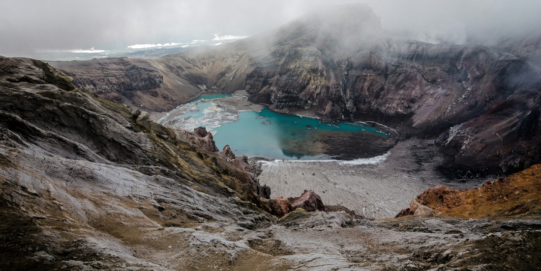 View from above of a crater lake in a volcano